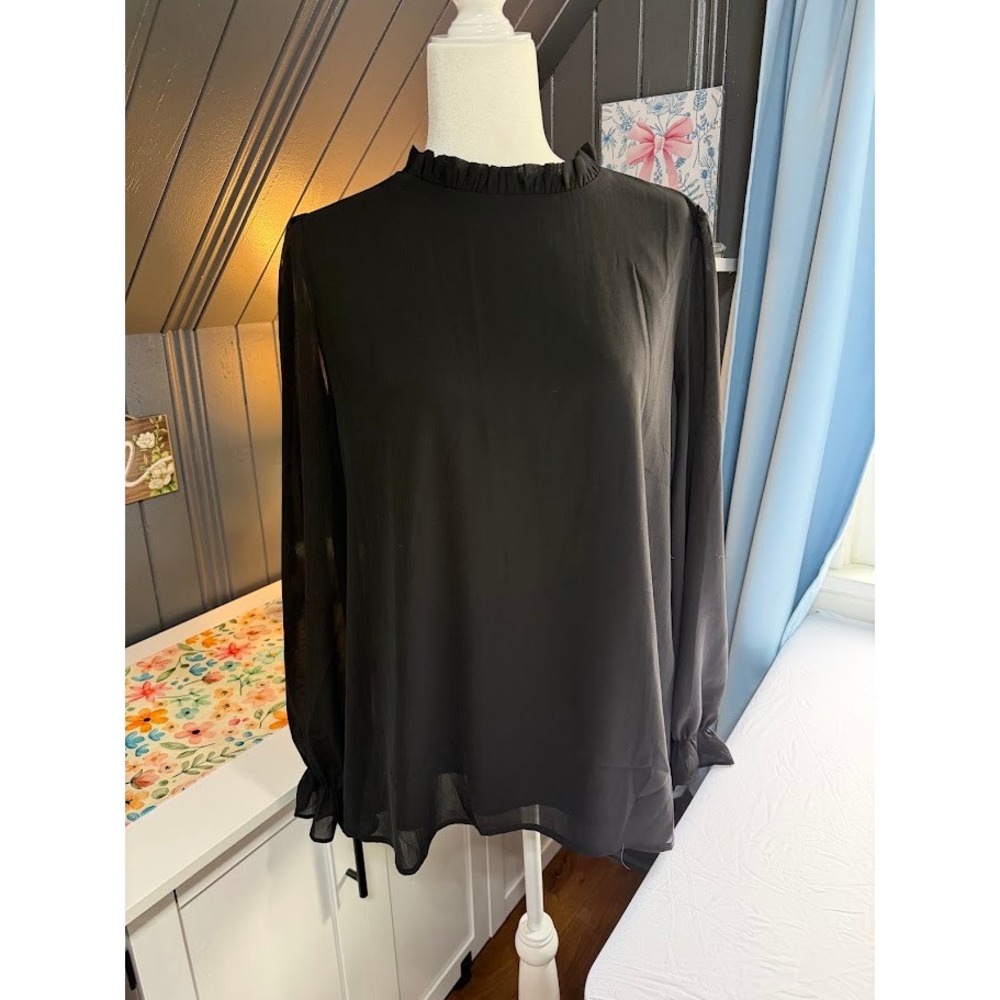 Black Ruffle Mock Neck Long Sleeve Blouse - Size Large